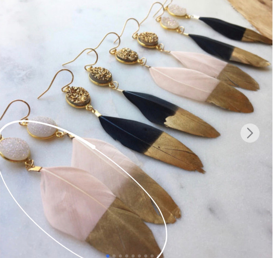 Gold Dipped Druzy Feather Earrings