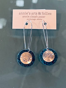 Blue Patina Disc Earrings w/ Stamped Silver Disc Roses