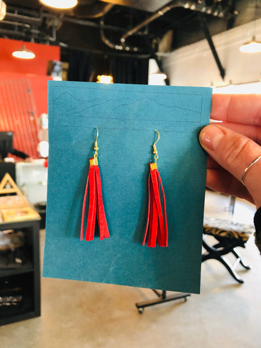 Short Red Leather Tassel Earrings-Local-Bottoms Up Boutique-Anchorage AK