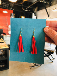 Short Red Leather Tassel Earrings