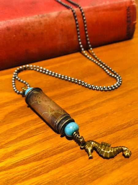 Bullet Casing Hand Acid Etched Sea Horse Necklace