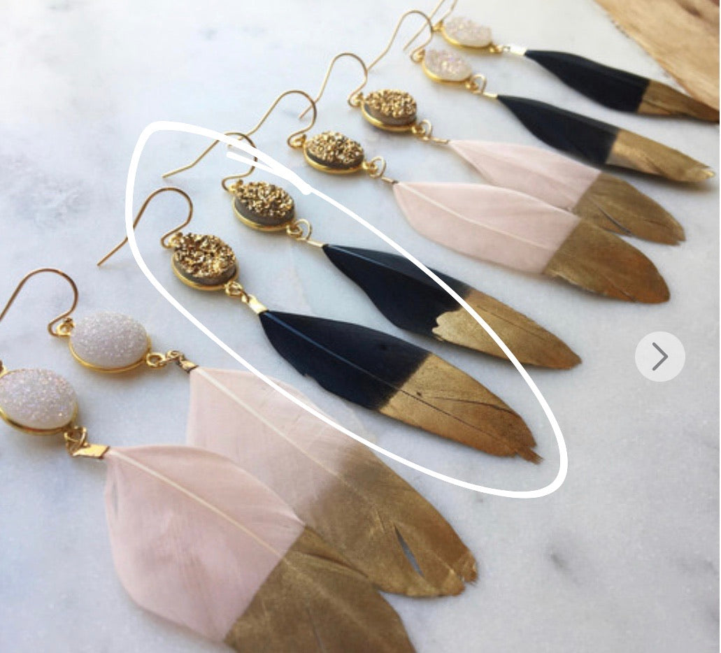Gold Dipped Druzy Feather Earrings