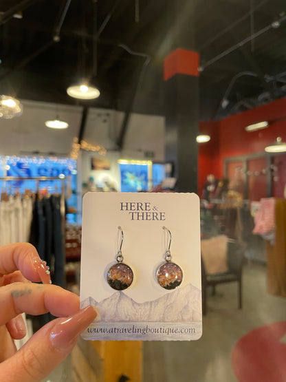 Destination Stainless Steel Earrings-Local-Valdez Sand w/ Charoite and Mother of Pearl and Oyster Shell-Bottoms Up Boutique-Anchorage AK