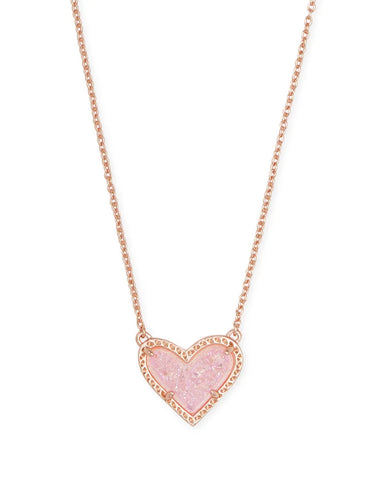Ari Heart Gold Pendant Necklace in Light Pink Drusy