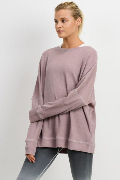 Waffle Ribbed Round Neck Top in Mauve