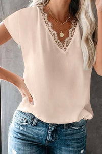 Lace Neckline Short Sleeve Blouse in Champagne