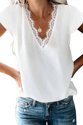 Lace Neckline Short Sleeve Blouse in White