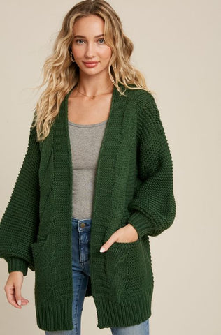 CHUNKY CABLE LANTERN SLEEVE CARDIGAN