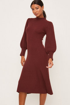 Mock Neck Puff Sleeve Midi Dress in Rustic Brown