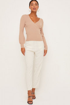 Long Sleeve Ribbed Overlap Knit Top in Frappe