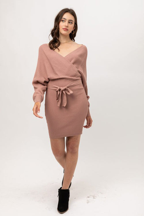 Dolman Ribbed Wrap Sweater Dress in Mauve
