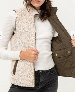 Olive/ White Reversible Quilted Sleeveless Padded Vest