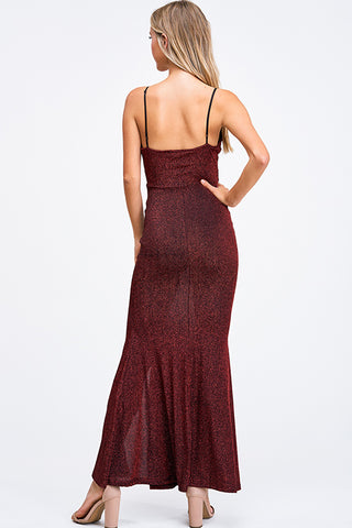 Burgundy Red Metallic Sweetheart Sleeveless Slit Maxi Dress