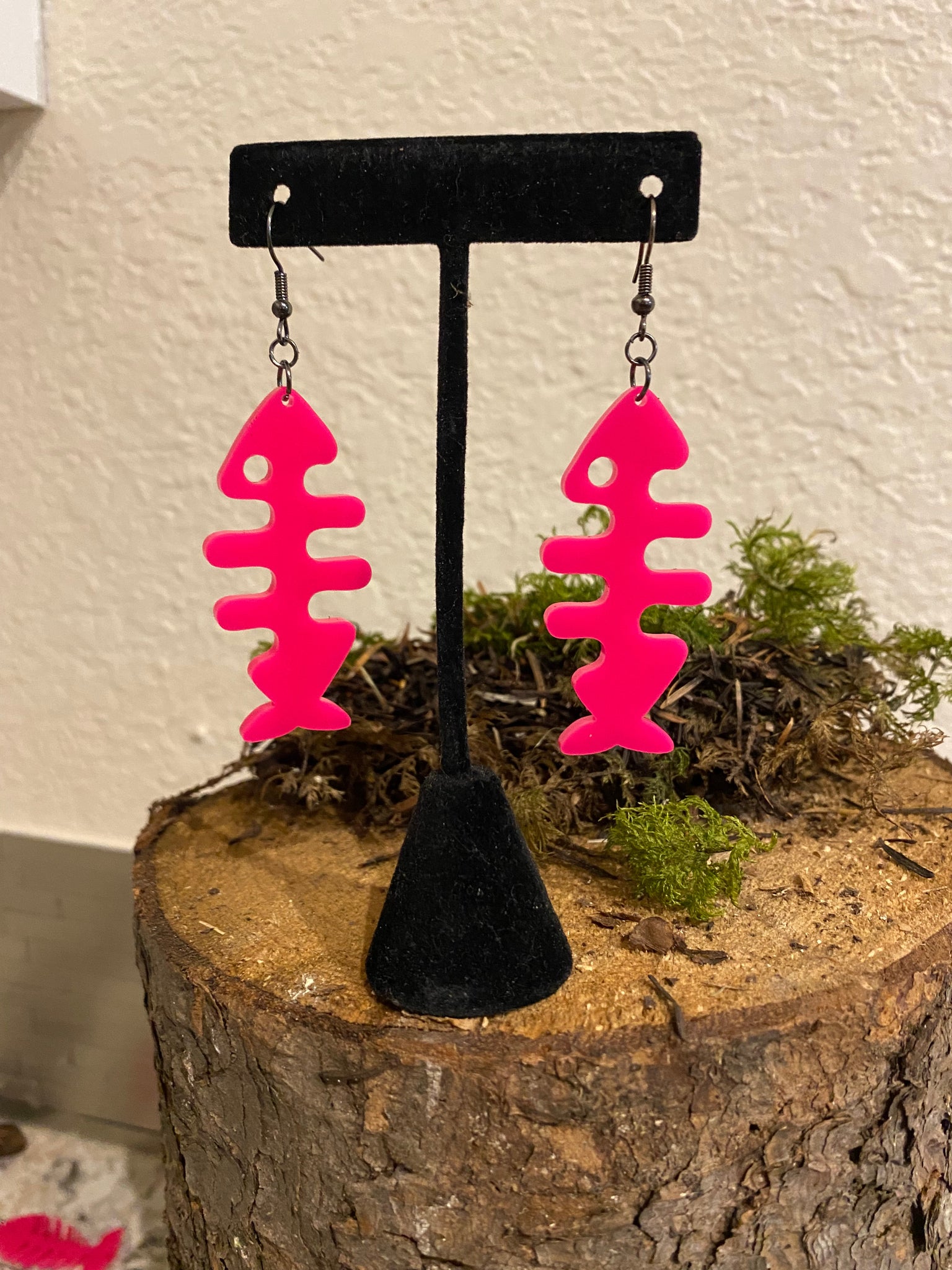 Bright Pink Big Puzzle Fish Earrings
