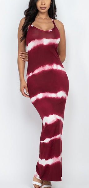 Stripe Tie-Dye Printed Burgundy Maxi Dress