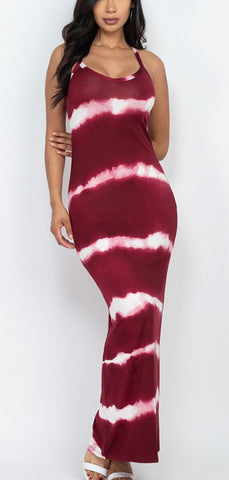 Stripe Tie-Dye Printed Burgundy Maxi Dress