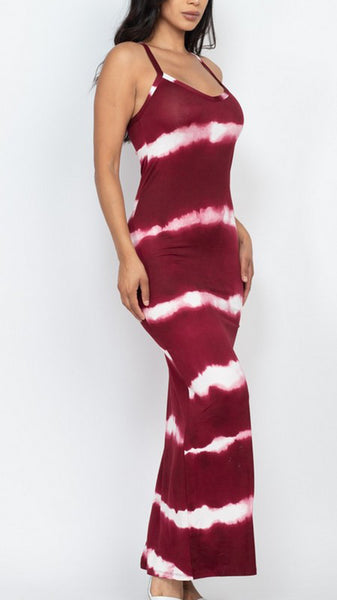 Stripe Tie-Dye Printed Burgundy Maxi Dress