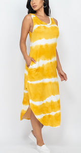 Yellow Tie Dye Striped Maxi Dress w/ Pockets