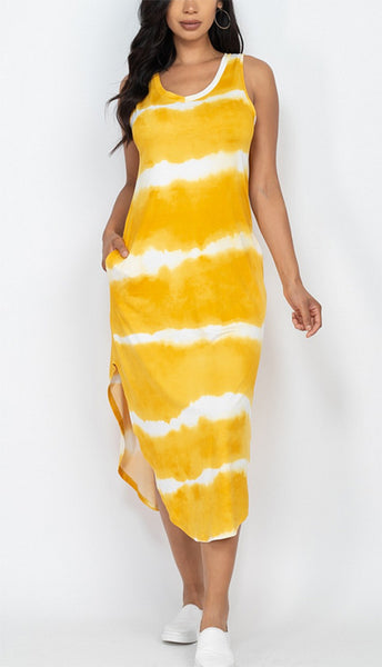 Yellow Tie Dye Striped Maxi Dress w/ Pockets