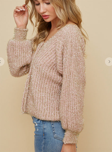 Gold & Blush Lurex Sweater w/ Puff Sleeve
