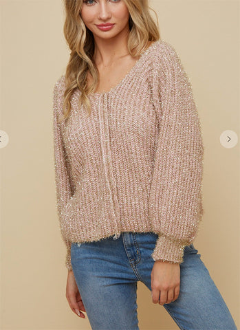 Gold & Blush Lurex Sweater w/ Puff Sleeve