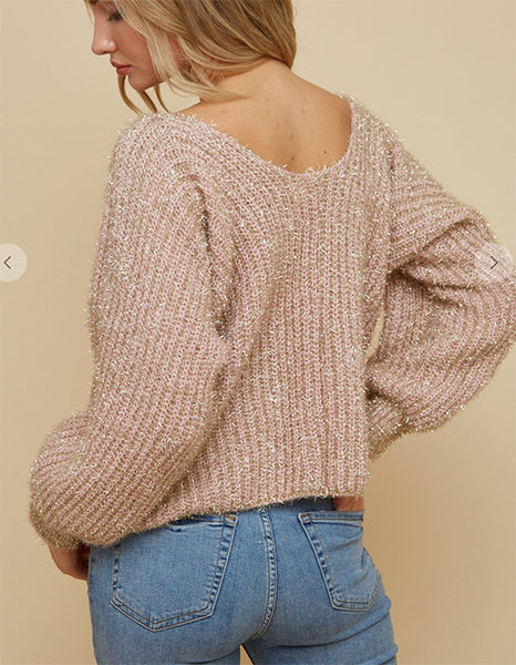 Gold & Blush Lurex Sweater w/ Puff Sleeve