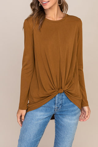 Mock Neck Knot Front Brown Olive Top