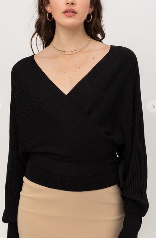 Black Wrap Style Long Sleeve Sweater w/ Tie Front Top