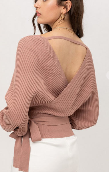 Clay Wrap Style Long Sleeve Sweater w/ Tie Front Top