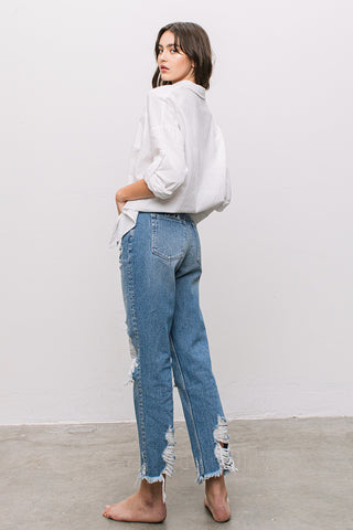 High Rise Tattered Straight Legged Jean by Flying Monkey