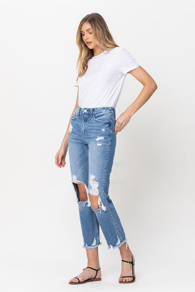 High Rise Tattered Straight Legged Jean by Flying Monkey