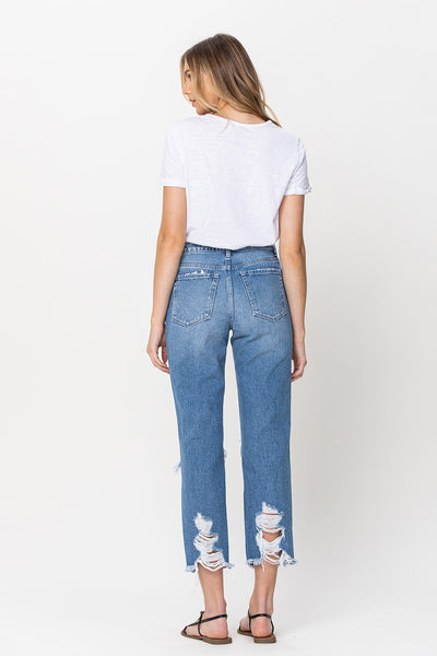 High Rise Tattered Straight Legged Jean by Flying Monkey